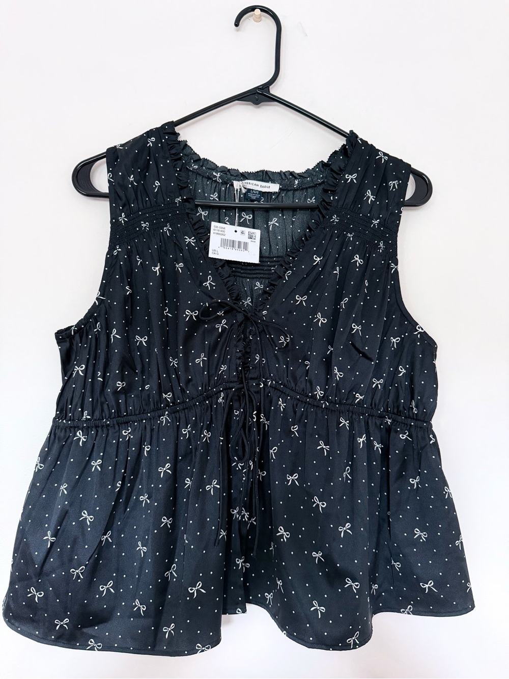 American Eagle Outfitters Black Bow-Print Smocked Tie-Front Tank
